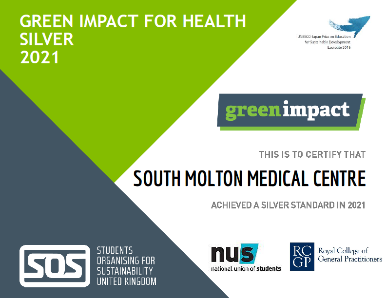 South Molton Medical Centre have achieved a silver standard in the Green Impact for Health scheme